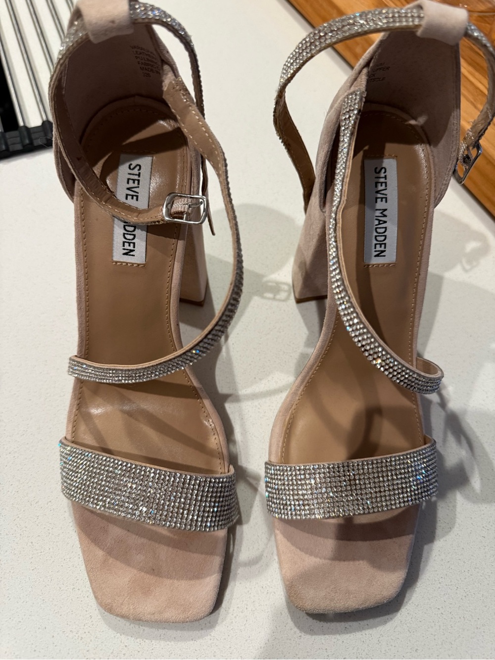 Steve Madden Blush Crystal-Strap Block Heel Sandals